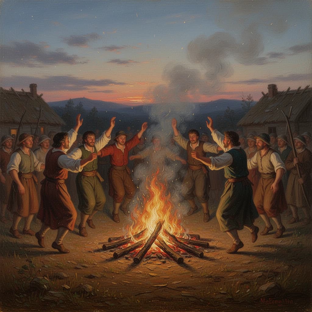 Make an oil painting of villagers dancing by a bonfire at dusk, a bit smoky.