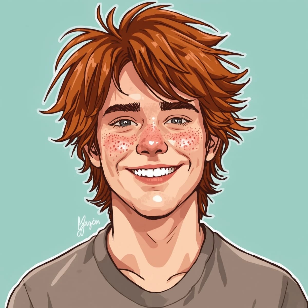 A cel-shaded portrait of a freckled skateboarder, messy red hair, bright grin.