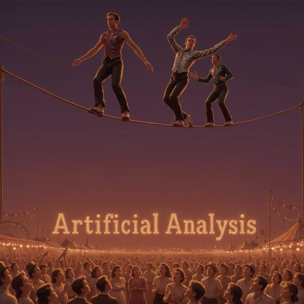 At dusk, high above a carnival crowd, three tightrope walkers balance on a single rope with no aids, one is off balance and grabbing at air. Below, the audience looks upward with baited anticipation. Artificial Analysis is spelled out in the background in carnival lights