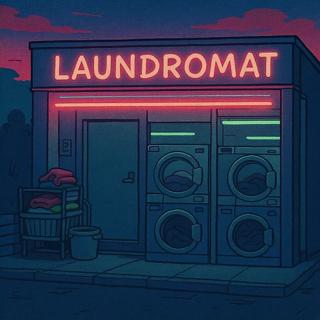 A cozy laundromat at dusk, neon humming, flat colors, bold inked lines.