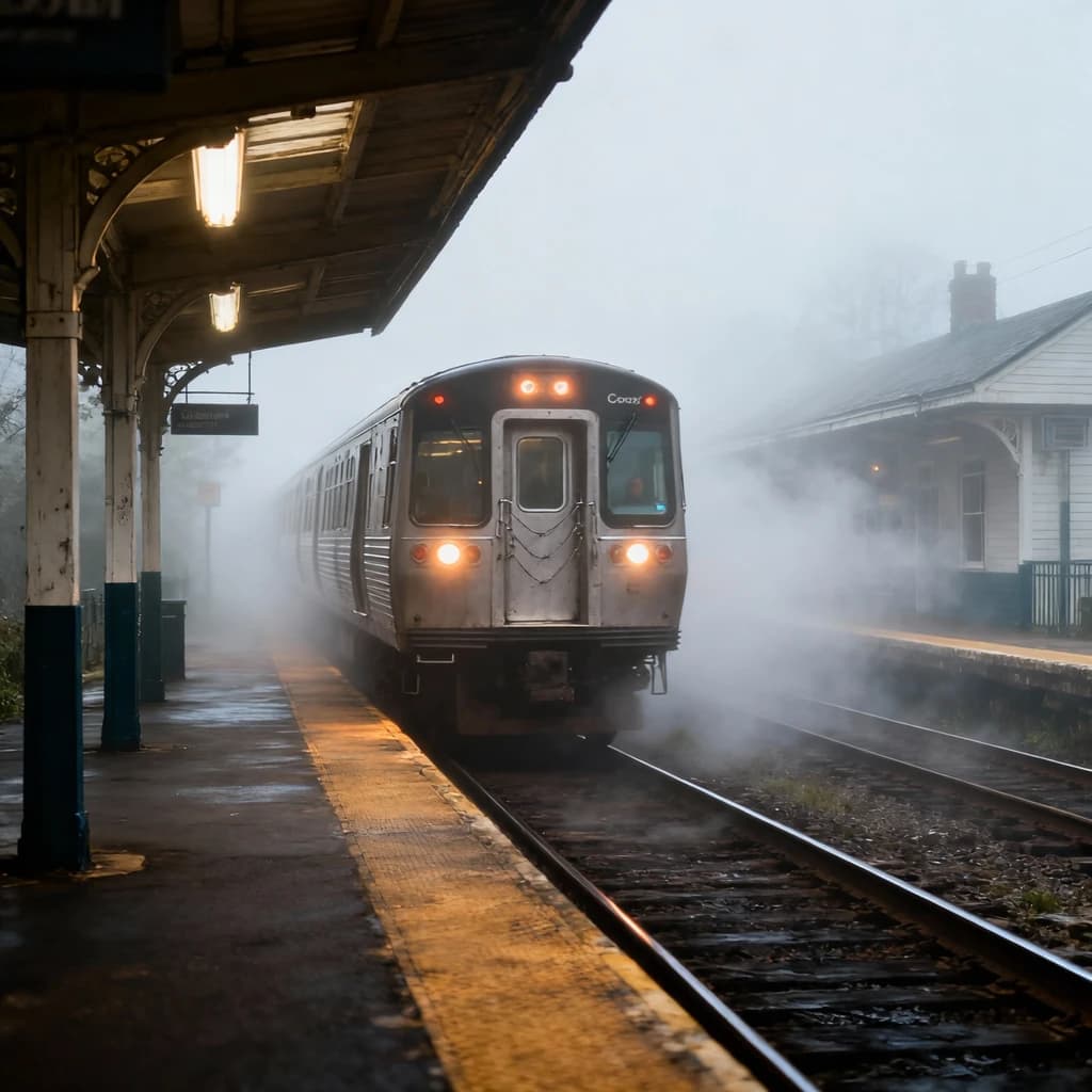 A commuter train enters a foggy little station.