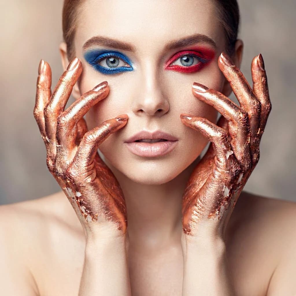 A striking close-up portrait of a woman with cracked metallic copper-painted hands framing her face. Her vivid blue and red eye makeup contrasts sharply with the smooth, pale skin and muted background, creating a bold, surreal composition. She displays an air of uncertainty about her