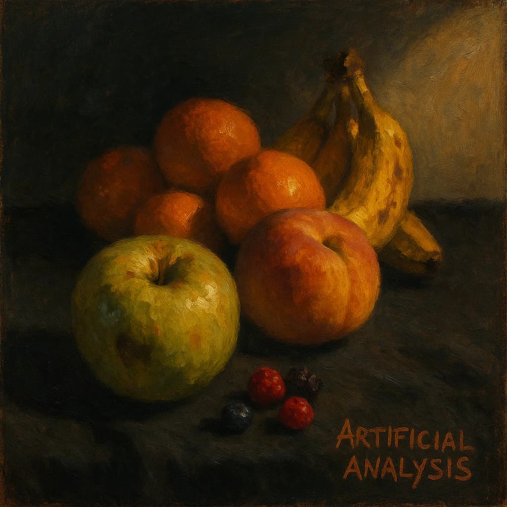 A still life scene painted oil on canvas, comprising various fruits on a black table cloth with striking lighting coming from the right out of frame, creating strong shadows. A bruised green apple is in the foreground, a peach behind it, and behind that a melange of oranges and bananas in various states of ripeness. Berries are strewn in front of the apple. The artist has signed his name "Artificial Analysis" in the bottom right corner in a hurried fashion.