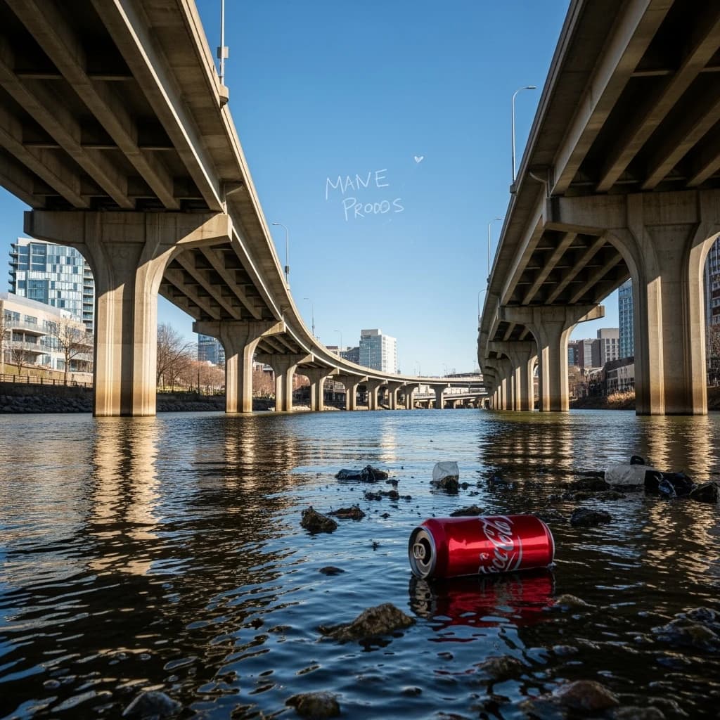 Red soda cans and other garbage sit strewn across the bank of an urban river only a few metres wide. Concrete overpasses criss cross overhead on a bright and sunny day. Fading skywriting proposes marriage