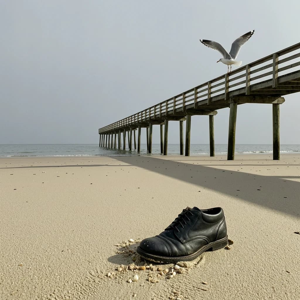 The beach is flat, sand beige, granular, no shells, except for a single left shoe, black leather, size eleven, half buried at an angle. The pier extends straight into the water, wood untreated, grain visible, though the support posts vanish before they touch the surface. The sky is uniformly gray, no clouds, yet shadows stretch at sharp diagonals. A single gull sits on the railing, wings outstretched, frozen mid-flap, no movement.