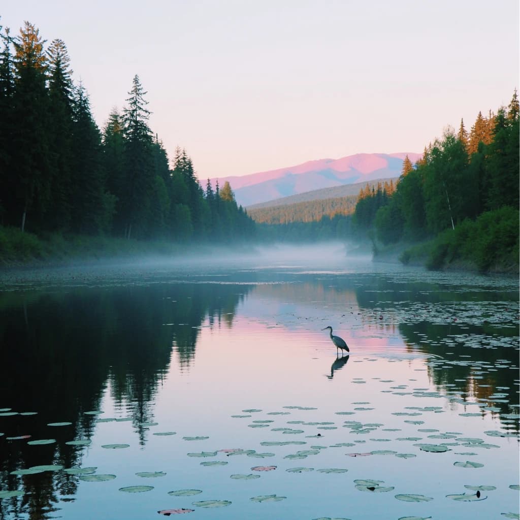 With pre-dawn mist along a cedar forest river and glassy water dotted with lily pads, distant mountains blush pink, and a heron stands still like it forgot what to do next.