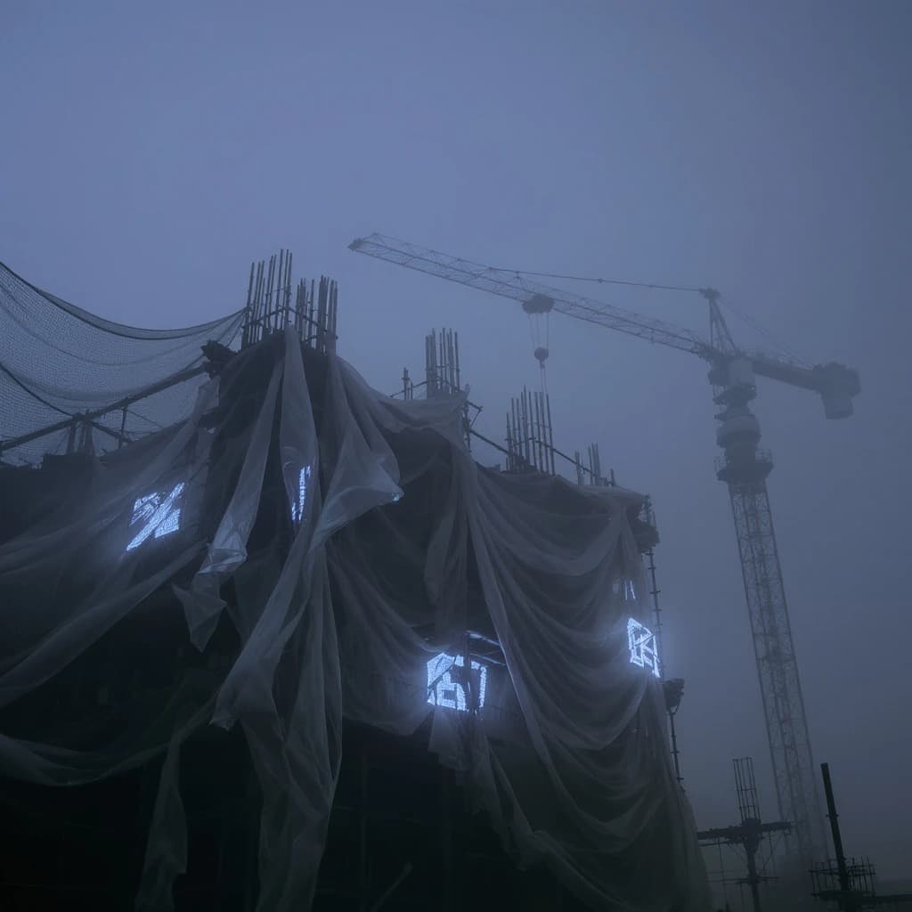A construction site stretched upward into fog, cranes frozen in silhouette. Wind rattled scaffolding draped with torn mesh that glowed faintly from nearby billboards