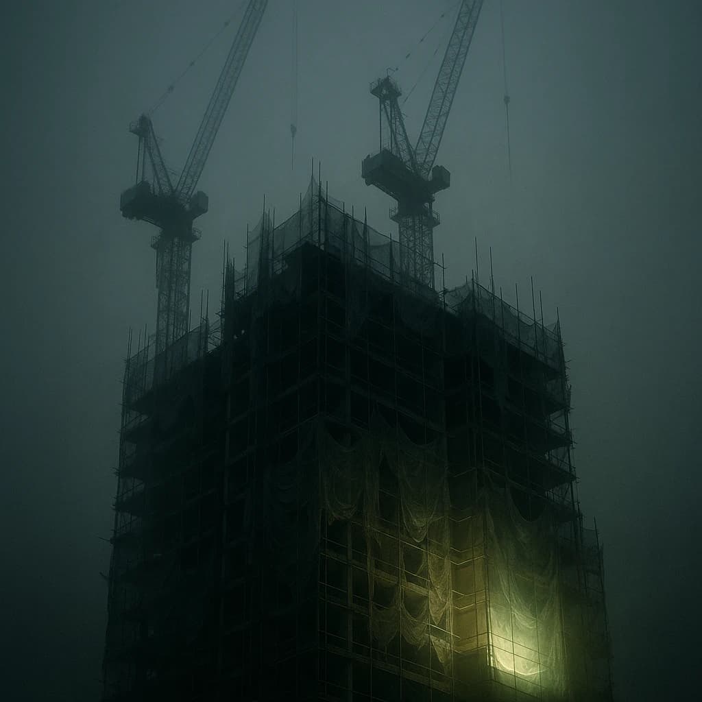 A construction site stretched upward into fog, cranes frozen in silhouette. Wind rattled scaffolding draped with torn mesh that glowed faintly from nearby billboards