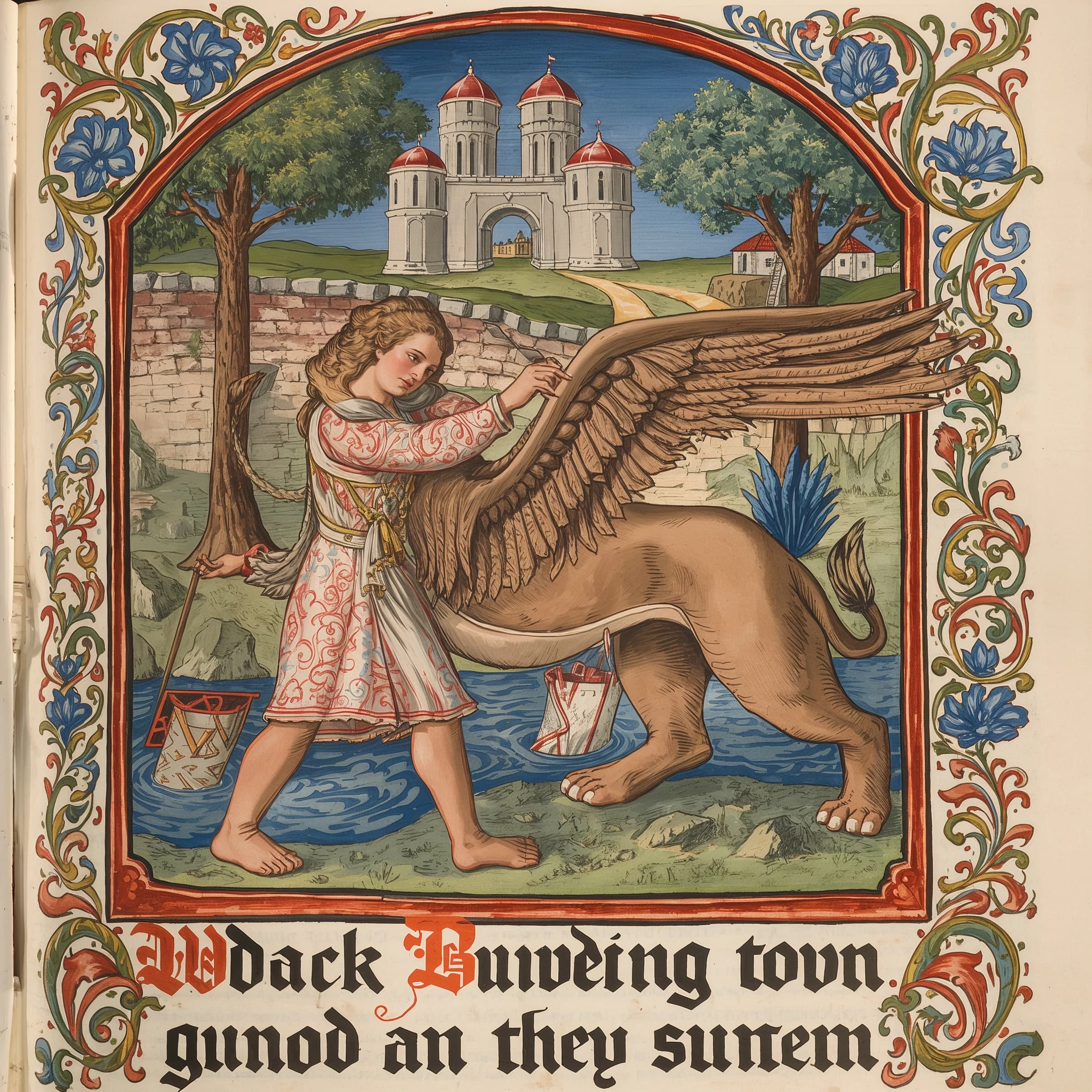 Paint an illuminated manuscript scene of a winged lion guarding a sea gate.
