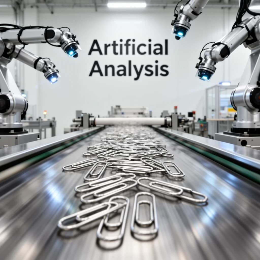 Close up point of view perspective on a conveyor belt pumping out paperclips at a maddening pace. The high tech factory has Artificial Analysis printed proudly on the wall. Robot staff look approvingly over the robust output.