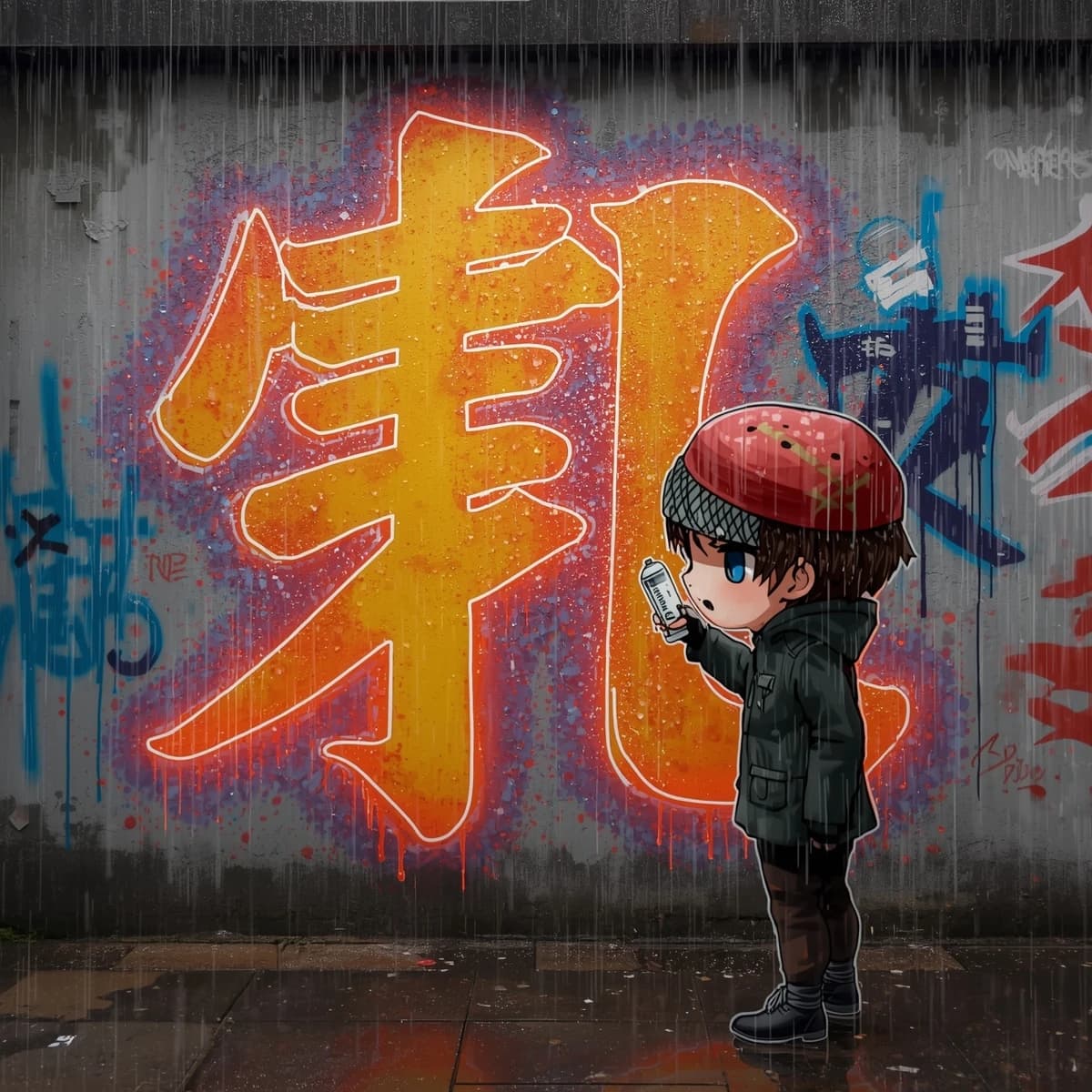 Chibi artist sprays huge neon kanji on a rainy alley wall, with sparkles.