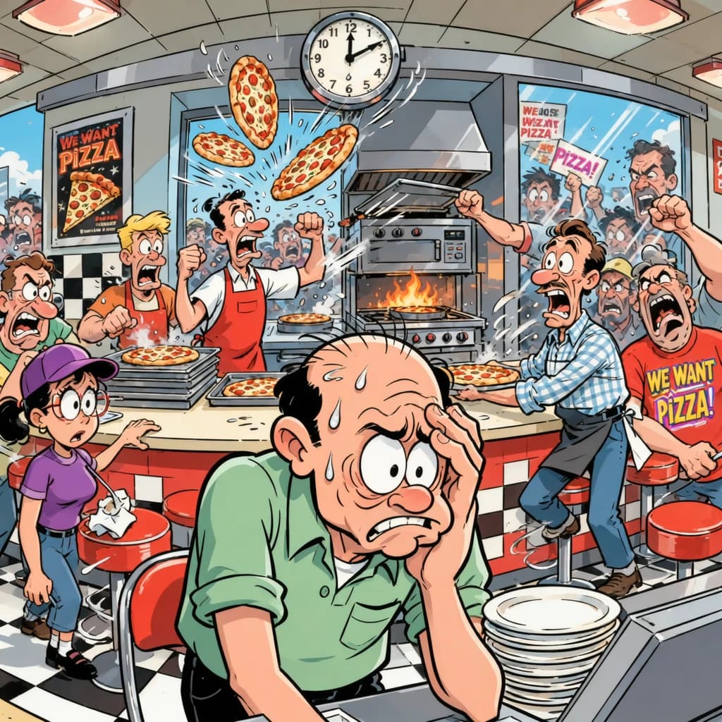 Pasquale is pulling his few remaining hairs out over a disaster at the pizzeria - the cooks are working as fast as they can but the crowds outside are swelling and they demand hot hot pizza! They are banging on the glass and some are wearing "we want pizza" shirts. 1980s western TV animation style.