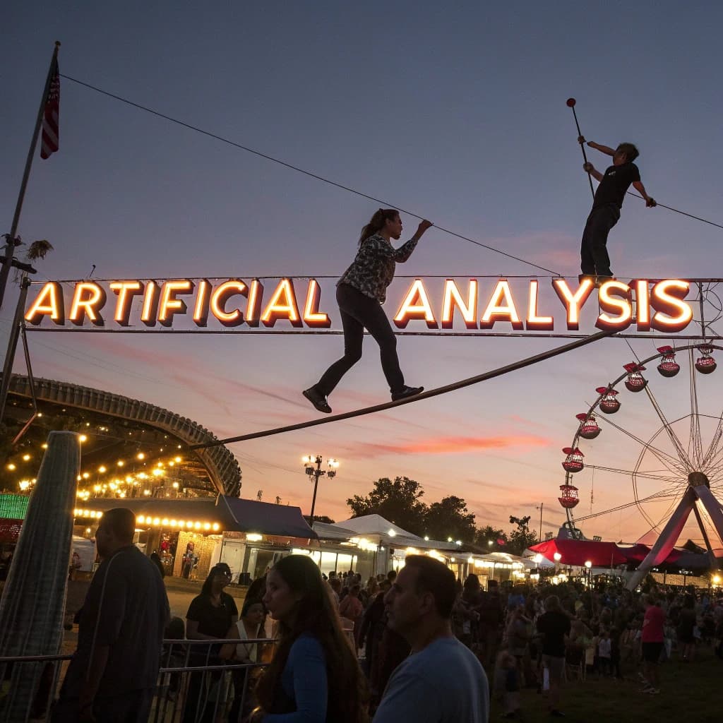 At dusk, high above a carnival crowd, three tightrope walkers balance on a single rope with no aids, one is off balance and grabbing at air. Below, the audience looks upward with baited anticipation. Artificial Analysis is spelled out in the background in carnival lights