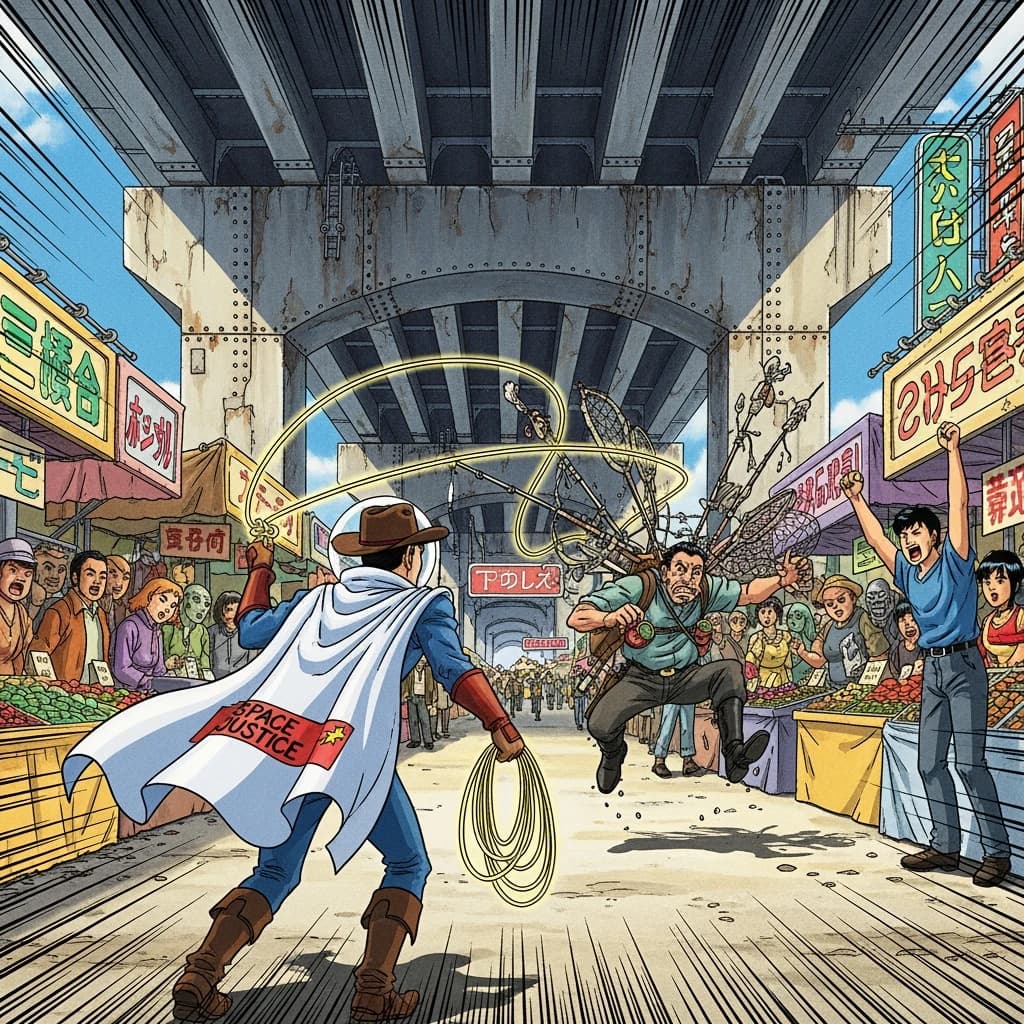 The space cowboy chases the deranged fisherman underneath the causeway, eager to collect on his bounty. Fishing rods and lines hang off the back off the fishermen as he darts between the bustling market crowd. We see the back of the space cowboy in his space poncho emblazoned with the words SPACE JUSTICE, spinning his lasso over his head. A child on the sidelines excitedly cheers the cowboy. 1990s hand drawn anime style with strong fluidity