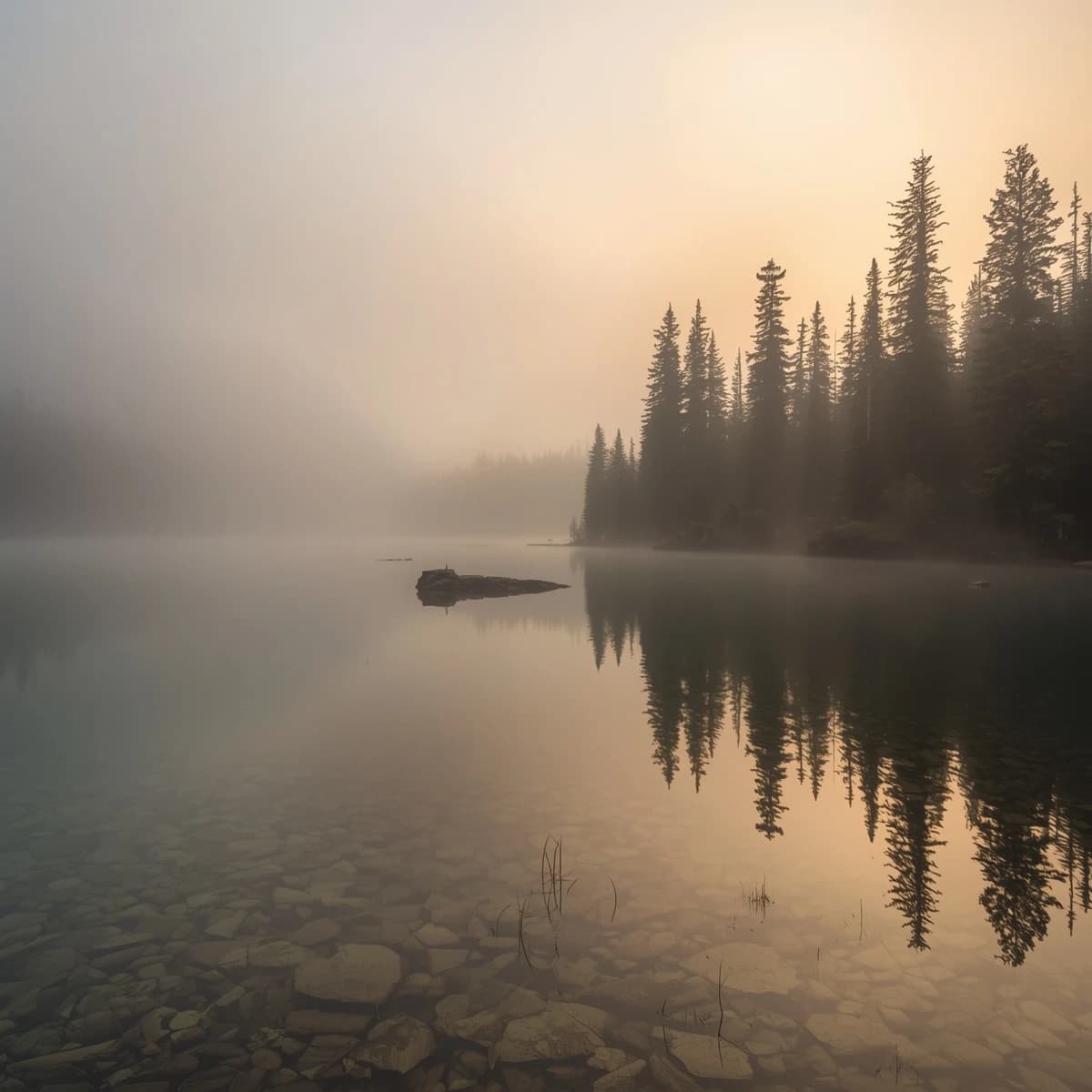 I want a photo of a misty alpine lake at dawn, pines, glassy water, warm light.