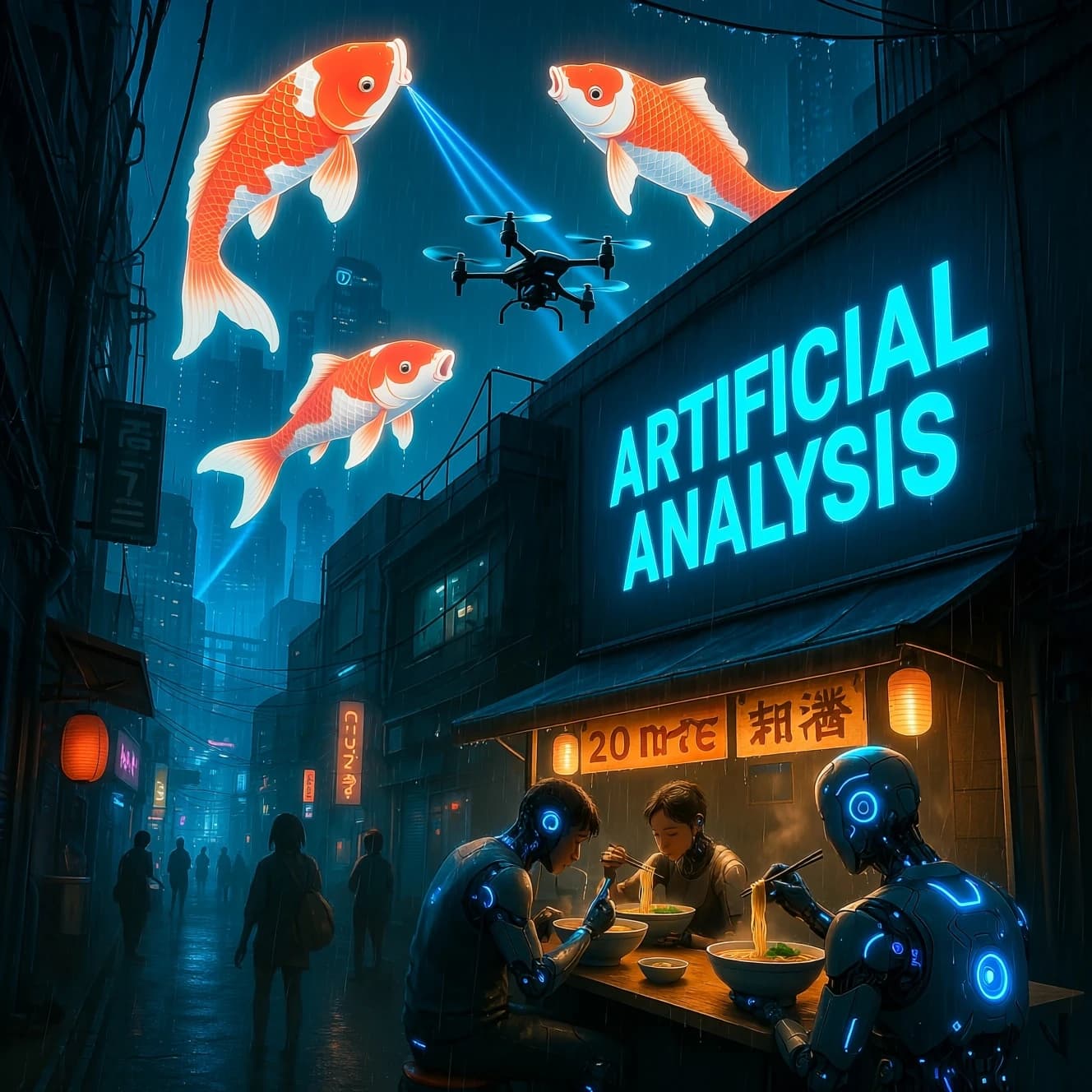 A neon alley in Neo-Tokyo 2142 drips with rain Cybernetic patrons slurp ramen at a stall with their glowing implants humming with blue light. Three giant holographic koi hover 10 metres above the ground and swim across the skyline, one has clipped into a building. A six-prop drone hovers nearby, projecting "Artificial Analysis" onto a wall with blue laser beams visible