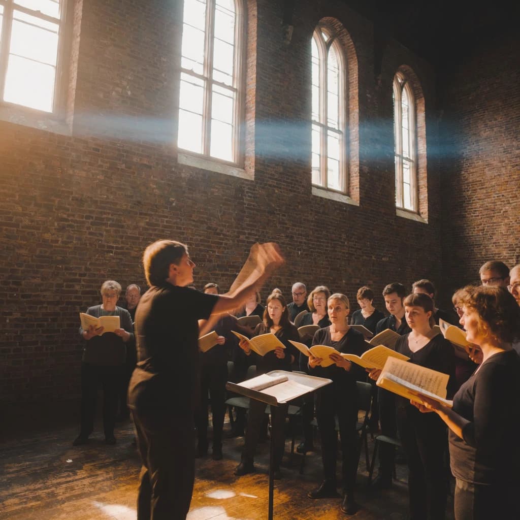 A choir rehearses in a brick hall as somewhat dramatic morning light falls through high windows, with a patient conductor mid-gesture, open scores, intent faces, slight motion blur.