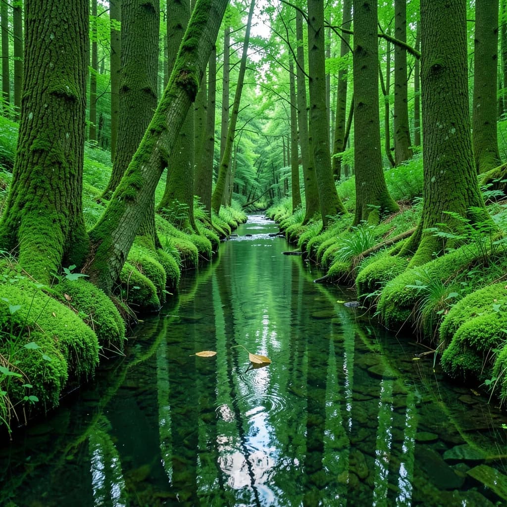 The forest is saturated green, trees identical in height and width, trunks straight, bark texture repeating. One trunk leans diagonally yet the branches remain vertical. The moss is emerald, glistening, though each patch forms identical diamond shapes. A stream runs straight, perfectly linear, water clear, reflecting clouds not visible in the sky. No animals, no insects, but one leaf floats on the water, doubled, showing two overlapping shadows.