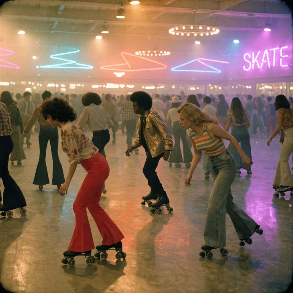 A 1970s roller rink crowd skates under neon, with a bit of fade and film grain.
