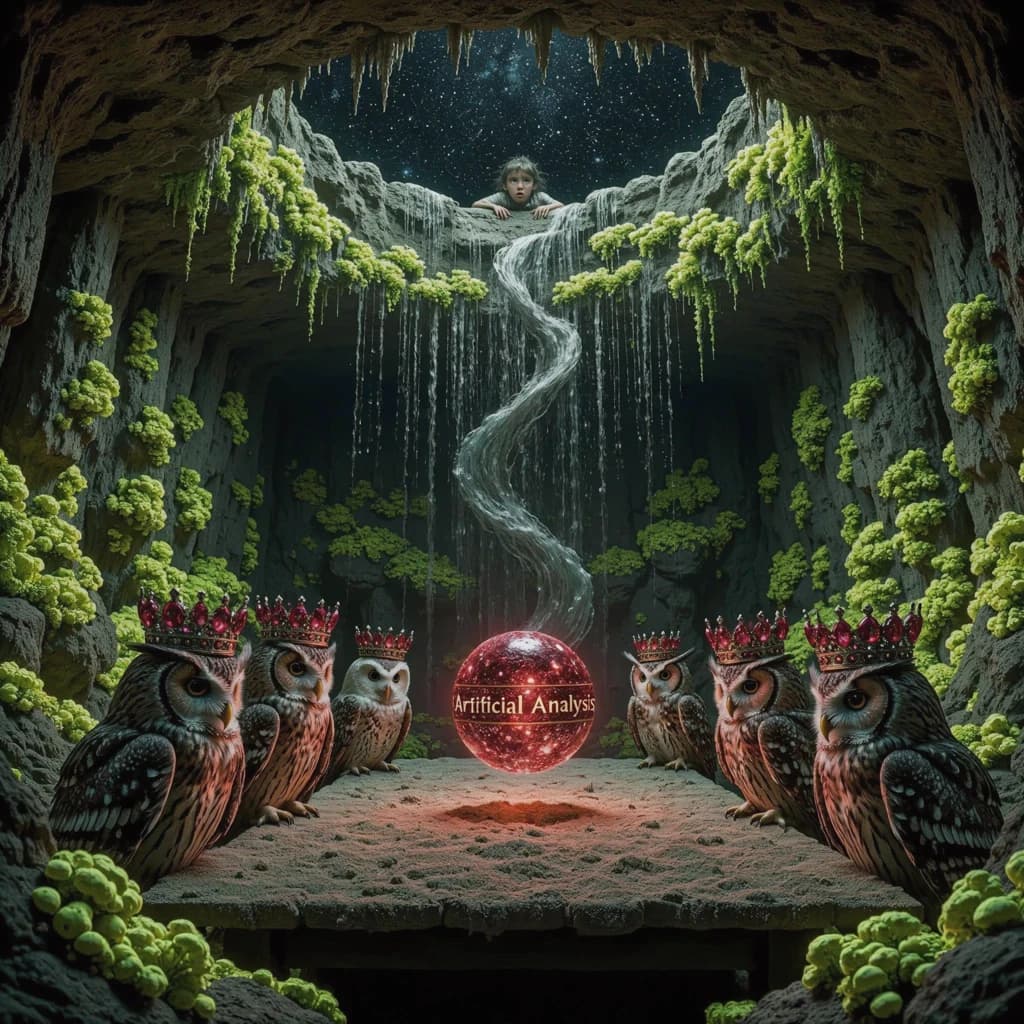 In a cavern lined with bioluminescent fungi glowing lime green, the council of owls wear jeweled crowns that glimmer with rubies, their wings folded behind their backs. Dust coats the stone table, a glowing orb inscribed with “Artificial Analysis” hovers above the table illuminating the owls with its red pulsating light. Behind them, a waterfall falls upward into a ceiling that opens onto stars - a child looks down in wonder from above at what he has stumbled across.