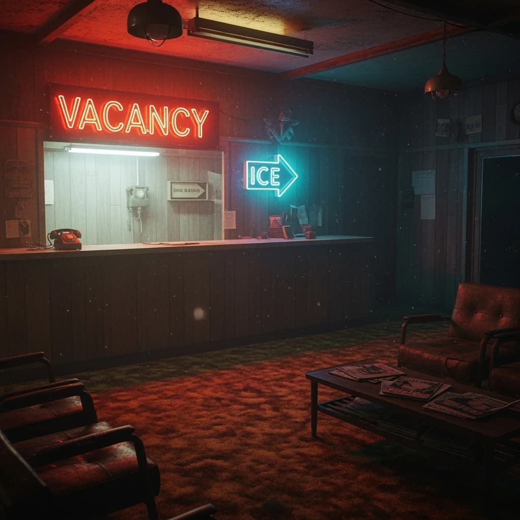 Show a faded 70s motel lobby with humming neon, sticky carpet, film grain.
