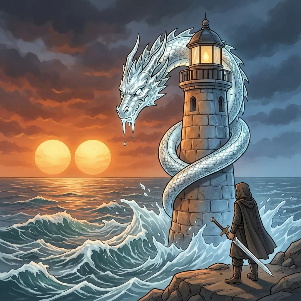 A dragon of molten silver coils around a lighthouse. The storming sea below crashes upward in frozen stillness, as though caught mid-motion. The dragon’s molten eyes drip tears of ice. On the horizon, two suns set next to each other, casting orange light on one side of the tower and blue on the other. A cloaked traveler carries an ancient weapon in his left hand and a scroll in his right.