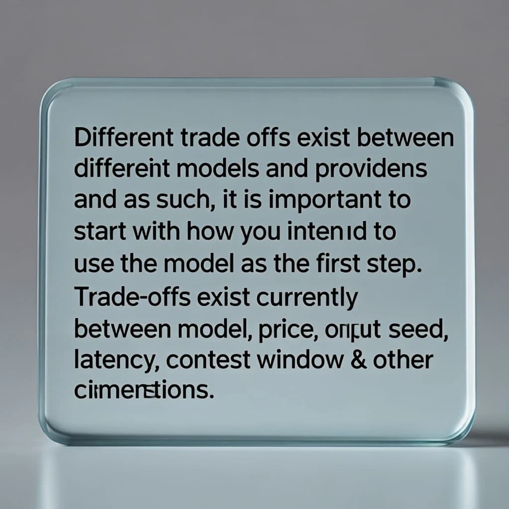 In a clear transparent blue glassy rounded box, etch "Different trade offs exist between different models and providers and as such, it is important to start with how you intend to use the model as the first step. Trade-offs exist currently between model quality, price, output speed, latency, context window & other dimensions. " in sans serif medium weight text. Artificial Analysis is watermarked over the top right 