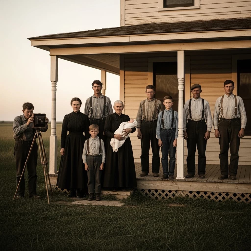 Everybody holds still and nobody smiles for the family portrait. It's 1928 in Kansas