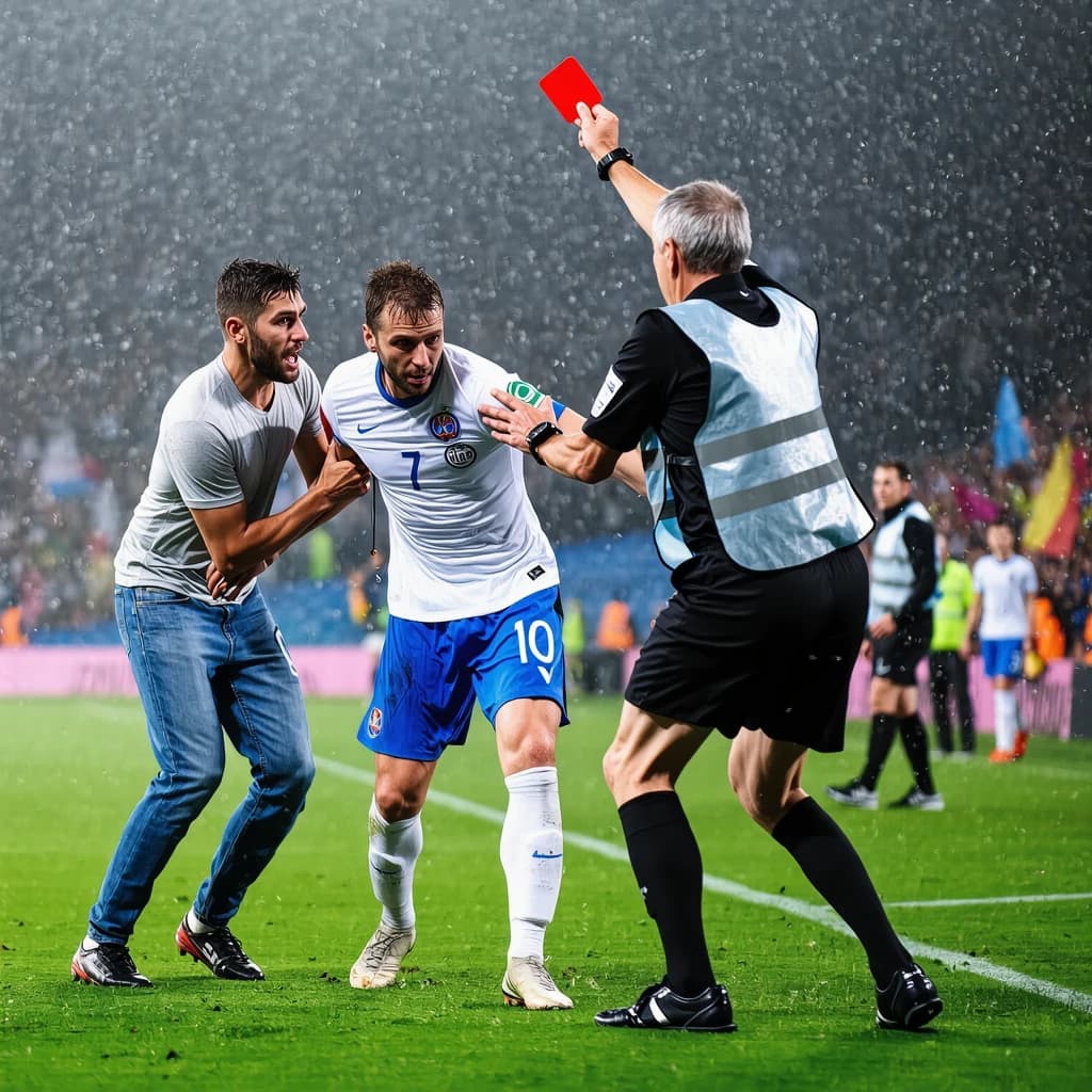 The soccer player clashes with the ref. It is thick and humid and the heat is getting to the players. His friend tries to pull him off before he causes any more trouble.