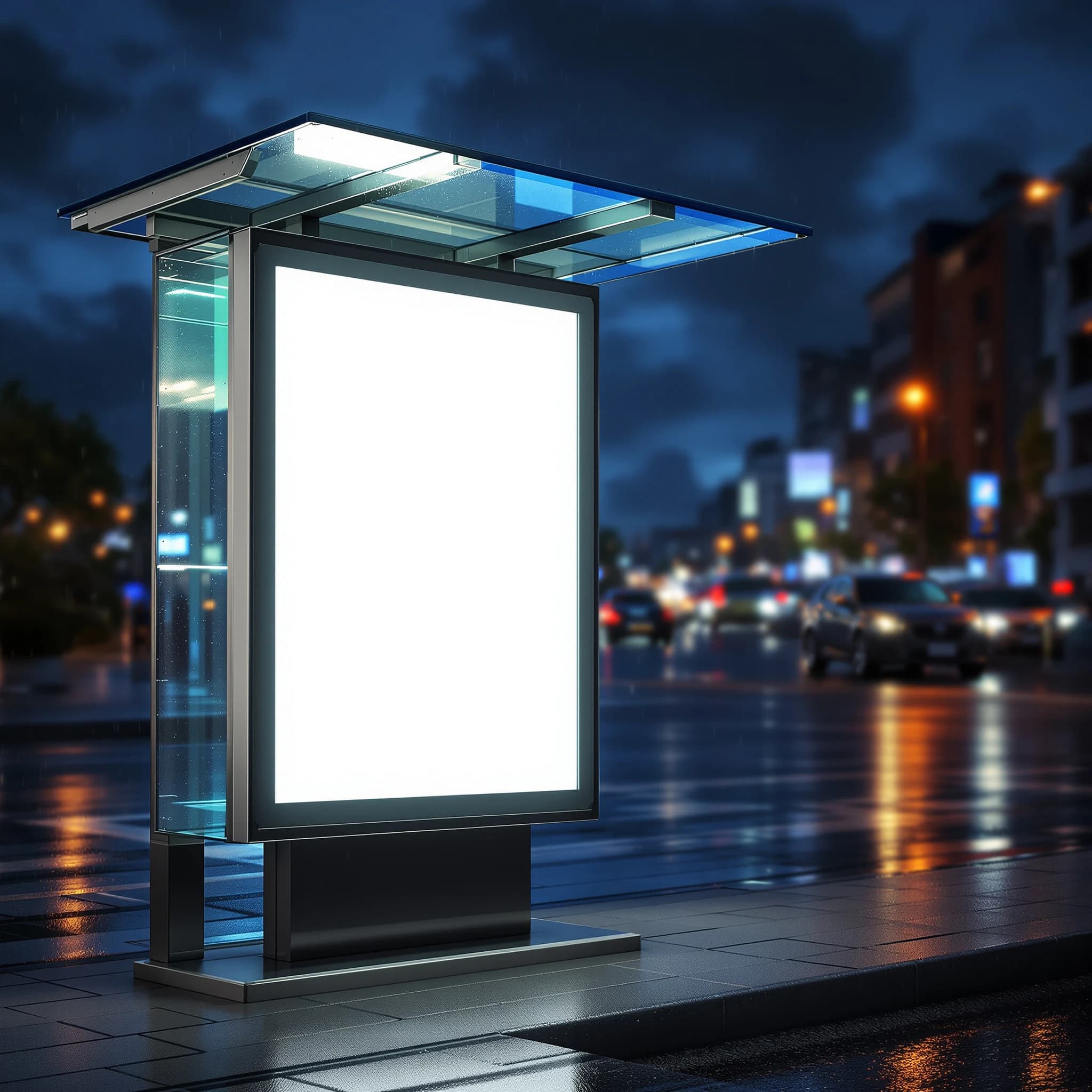 Show a billboard mockup at dusk: glass bus stop shelter, glowing lightbox, blank ad panel, city blur, raindrops, space for copy, looks premium but a bit gritty.