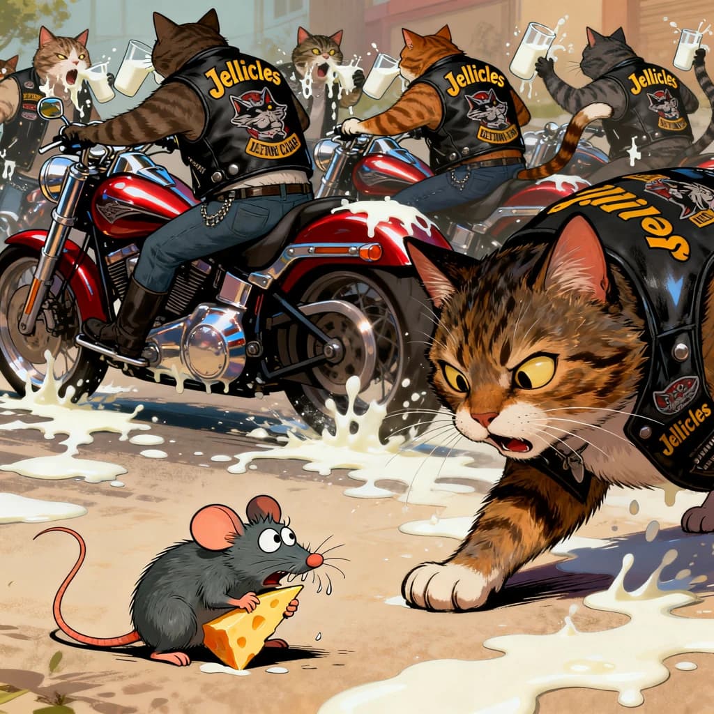 The cartoon rat clenches his thin wedge of cheese and trembles in fear as he hides from the menacing Jellicles, the roaming cat motorcycle gang, all wearing their colors with the name on the back. The cats have all drunk far too much milk and are causing a big ruckus! One cat is close to finding the rat