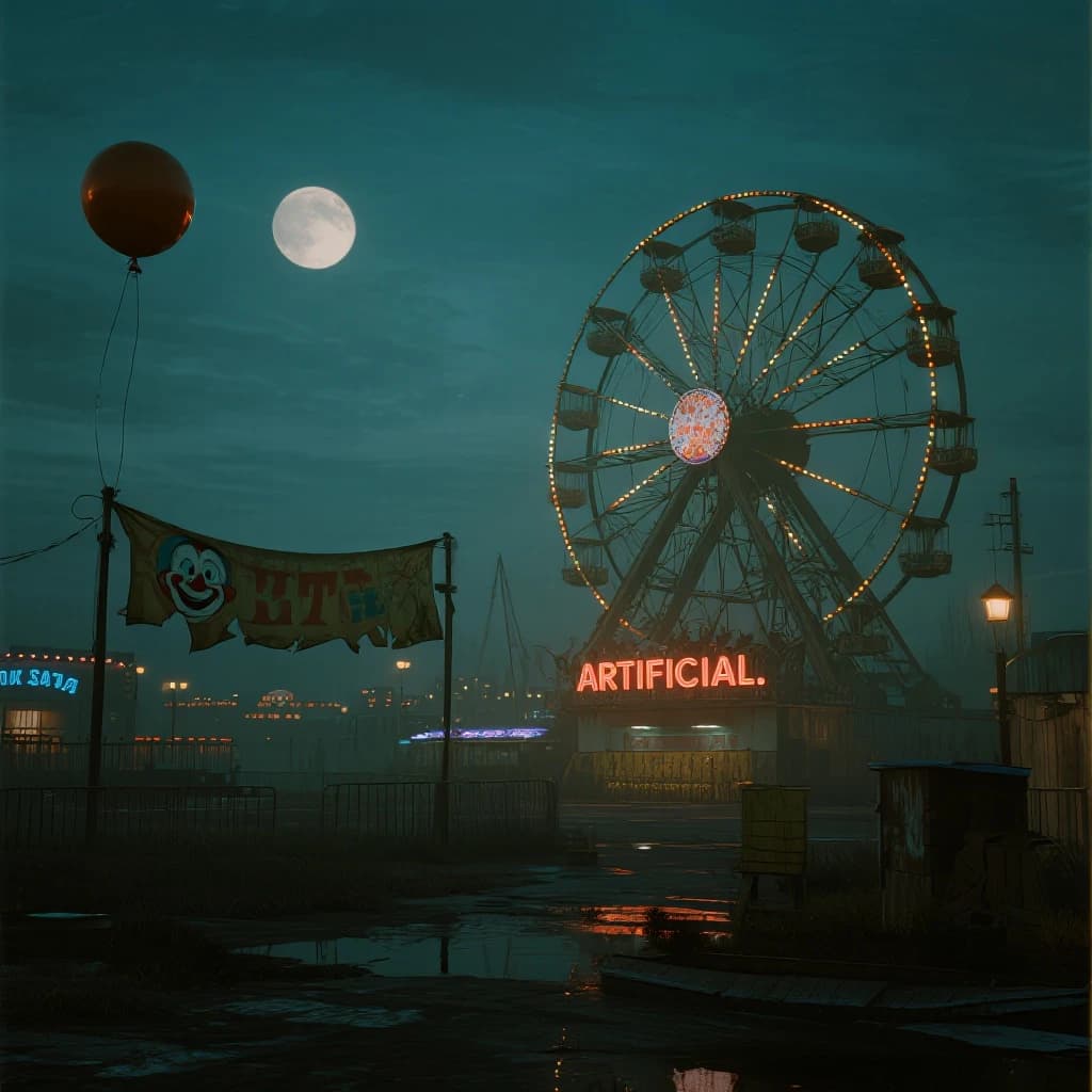 A deserted amusement park glows faintly under a half-moon. The ferris wheel is rusting yet strung with fresh, blinking LED lights. A torn clown banner flaps in a windless air. A lone balloon floats upward, tethered to nothing, while in the far distance city lights flicker on - some neon, some gas lamps as though from another century. 'Artificial Analysis' glows in neon