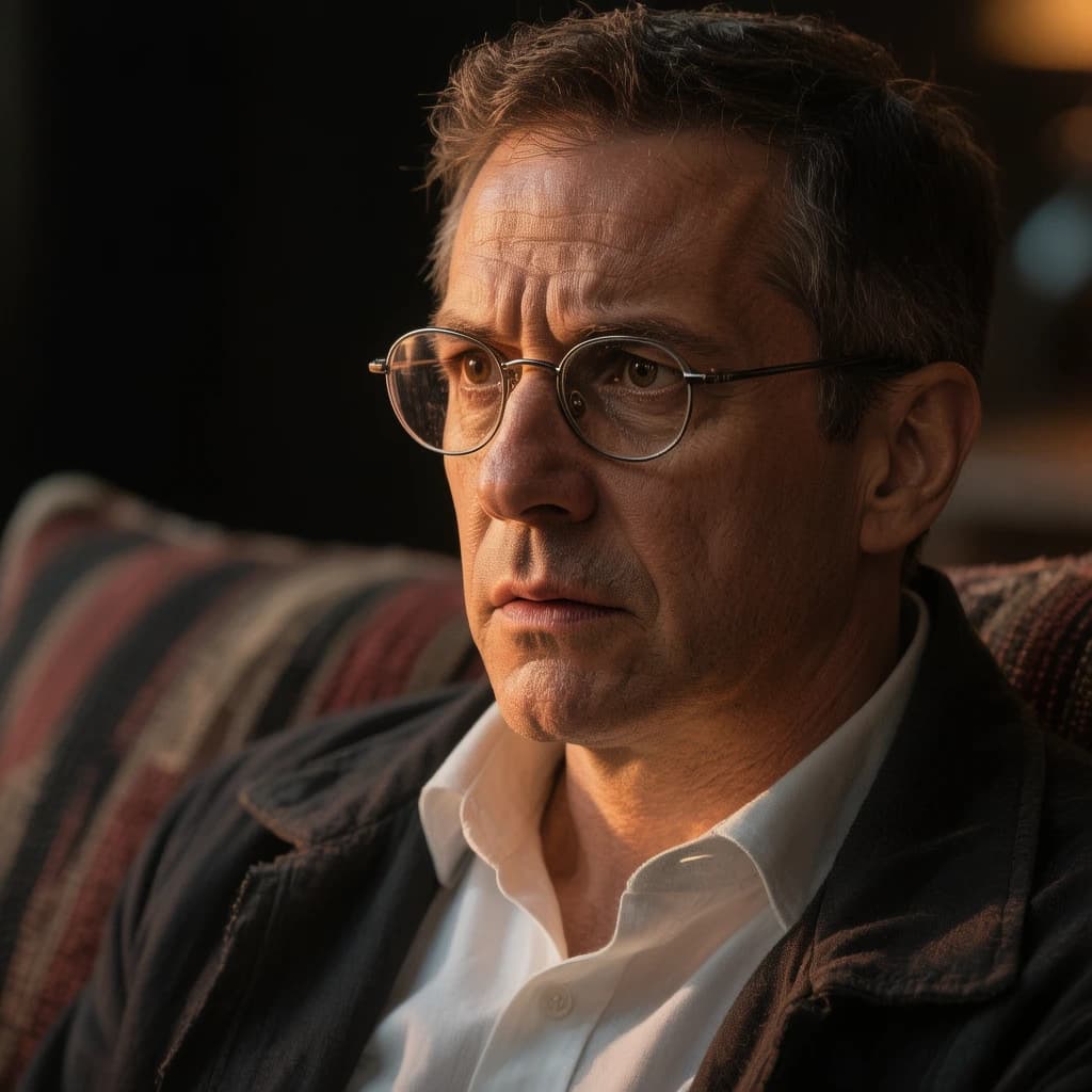 A sharply lit portrait of a middle-aged man wearing thin-rimmed glasses and a dark jacket over a white collared shirt. He gazes intently to the side, his face half illuminated by warm light while the background recedes into deep shadow. The expression is thoughtful, almost wary, as if caught mid-conversation. Behind him, a striped cushion in muted reds and blacks adds subtle texture, contrasting with the crisp highlights on his forehead and glasses. The overall mood is contemplative and cinematic, balancing warmth with tension.