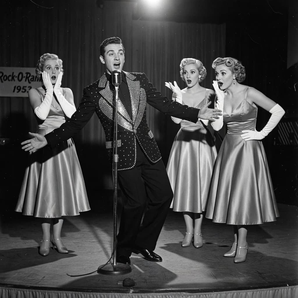An archival image from 1953 of the rock singer swinging his hips on the stage while glamorous back up singers feign shock at his gyrations! He wears a diamond encrusted jacket with the stones arranged in the shape of a heart