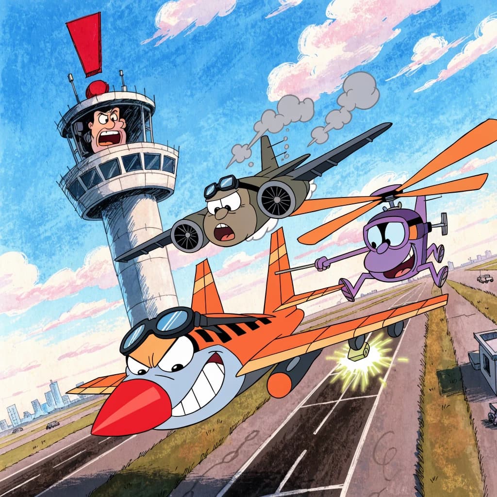 Almost at the runway, Fred the Fighter Jet is racing with Barry the Bomber to see who lands first. Fred has a mischievous trick up his sleeve but Hermione the Helicopter is going to stop him before he gets the chance. The control tower is very angry and has a big exclamation mark. Hand drawn cel look