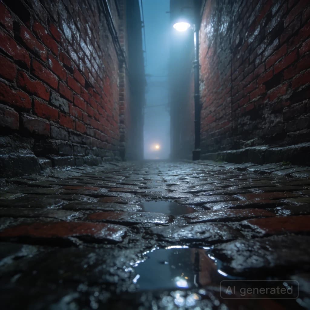 Show a narrow brick alley with wet cobblestones.