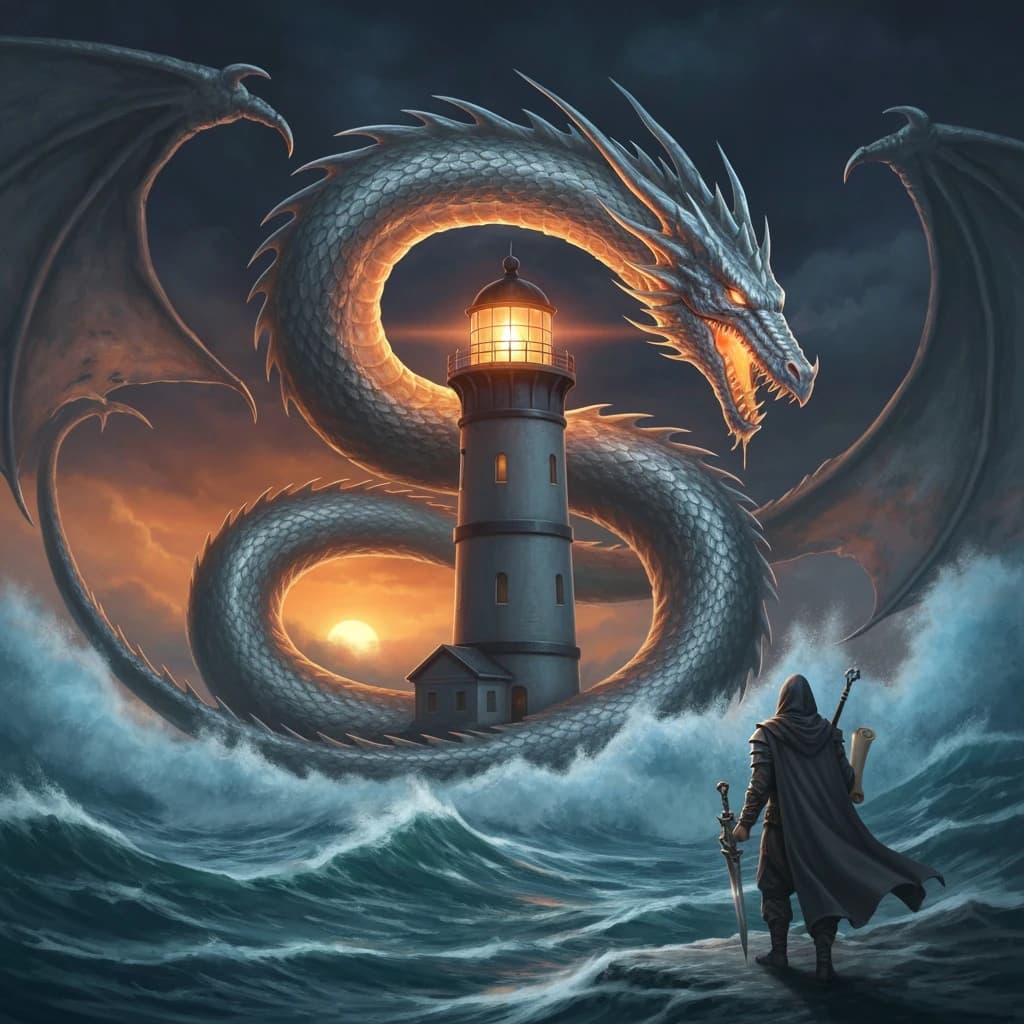 A dragon of molten silver coils around a lighthouse. The storming sea below crashes upward in frozen stillness, as though caught mid-motion. The dragon’s molten eyes drip tears of ice. On the horizon, two suns set next to each other, casting orange light on one side of the tower and blue on the other. A cloaked traveler carries an ancient weapon in his left hand and a scroll in his right.