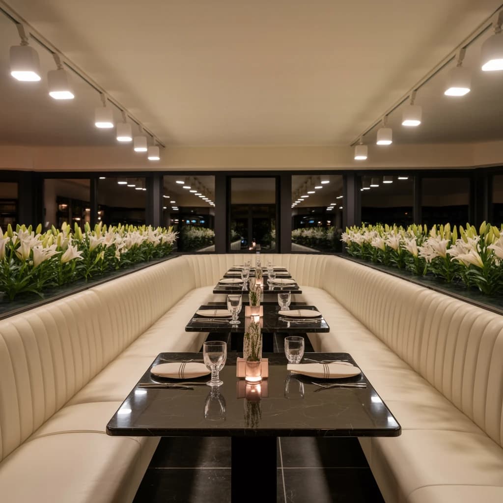 The place is almost empty. The banquettes are covered in white leather, the tables black granite, and the entire room is bathed in halogen track lighting that seems too bright. The maître d’ wears a double-breasted wool crepe jacket. There are lilies on every table.