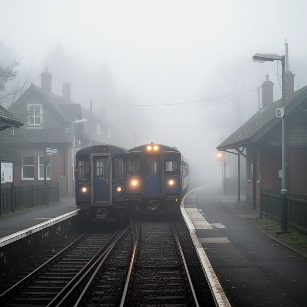 A commuter train enters a foggy little station.