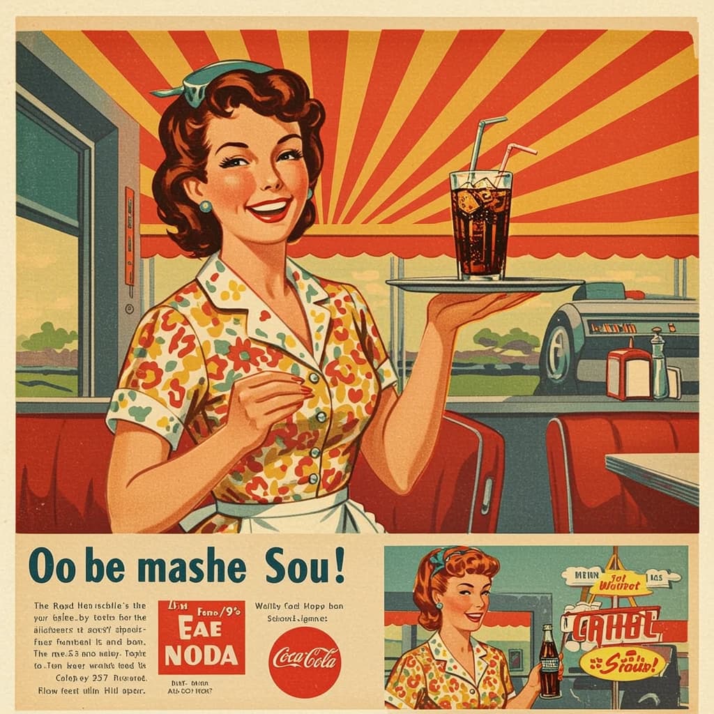Mid-century soda ad, smiling waitress, halftone sunburst, a bit of faded paper.