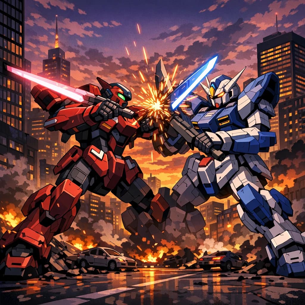 Make a cel-shaded mecha duel at dusk downtown.