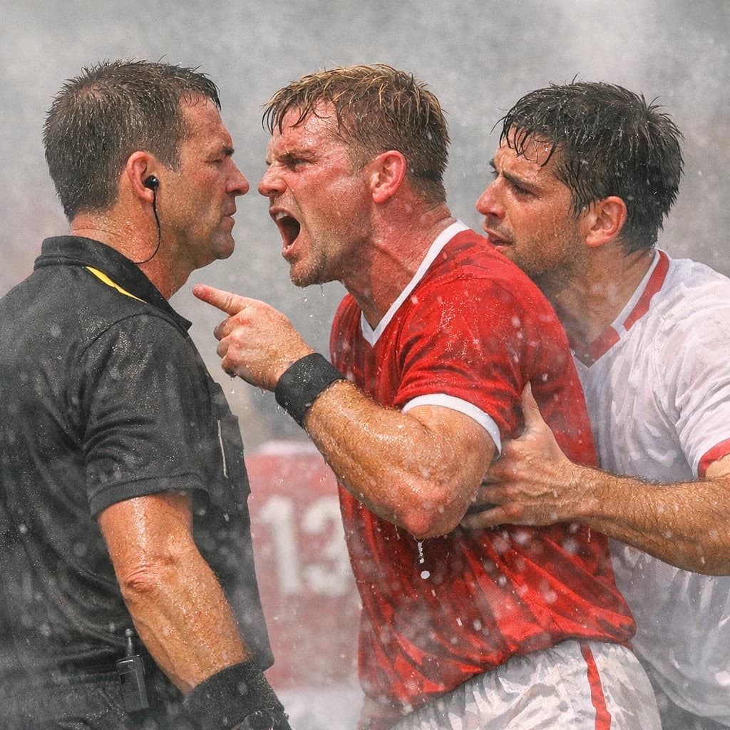 The soccer player clashes with the ref. It is thick and humid and the heat is getting to the players. His friend tries to pull him off before he causes any more trouble.