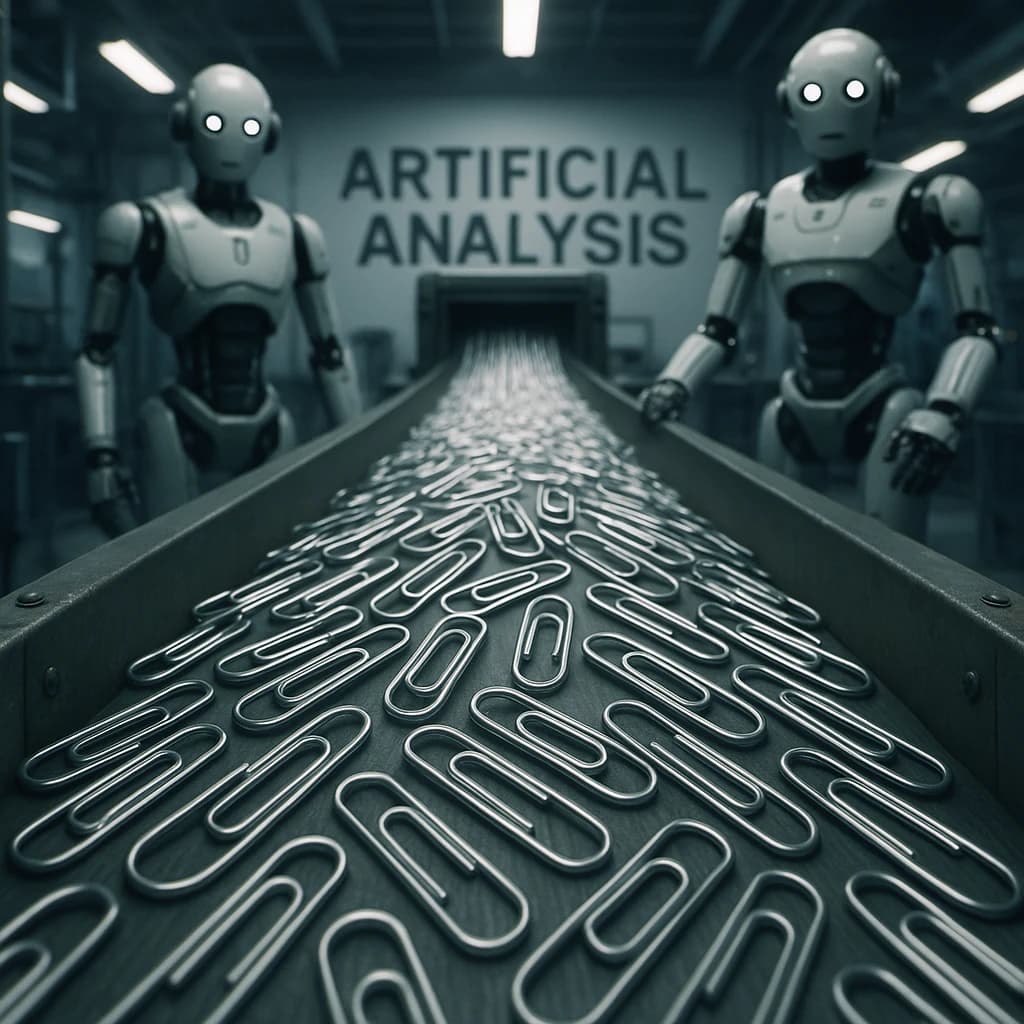Close up point of view perspective on a conveyor belt pumping out paperclips at a maddening pace. The high tech factory has Artificial Analysis printed proudly on the wall. Robot staff look approvingly over the robust output.