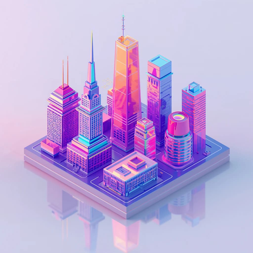 Render an isometric city poster with geometric buildings, neon gradients, gloss highlights, soft AO shadows, clean sans-serif lettering, grid layout, reflections a bit overexposed.