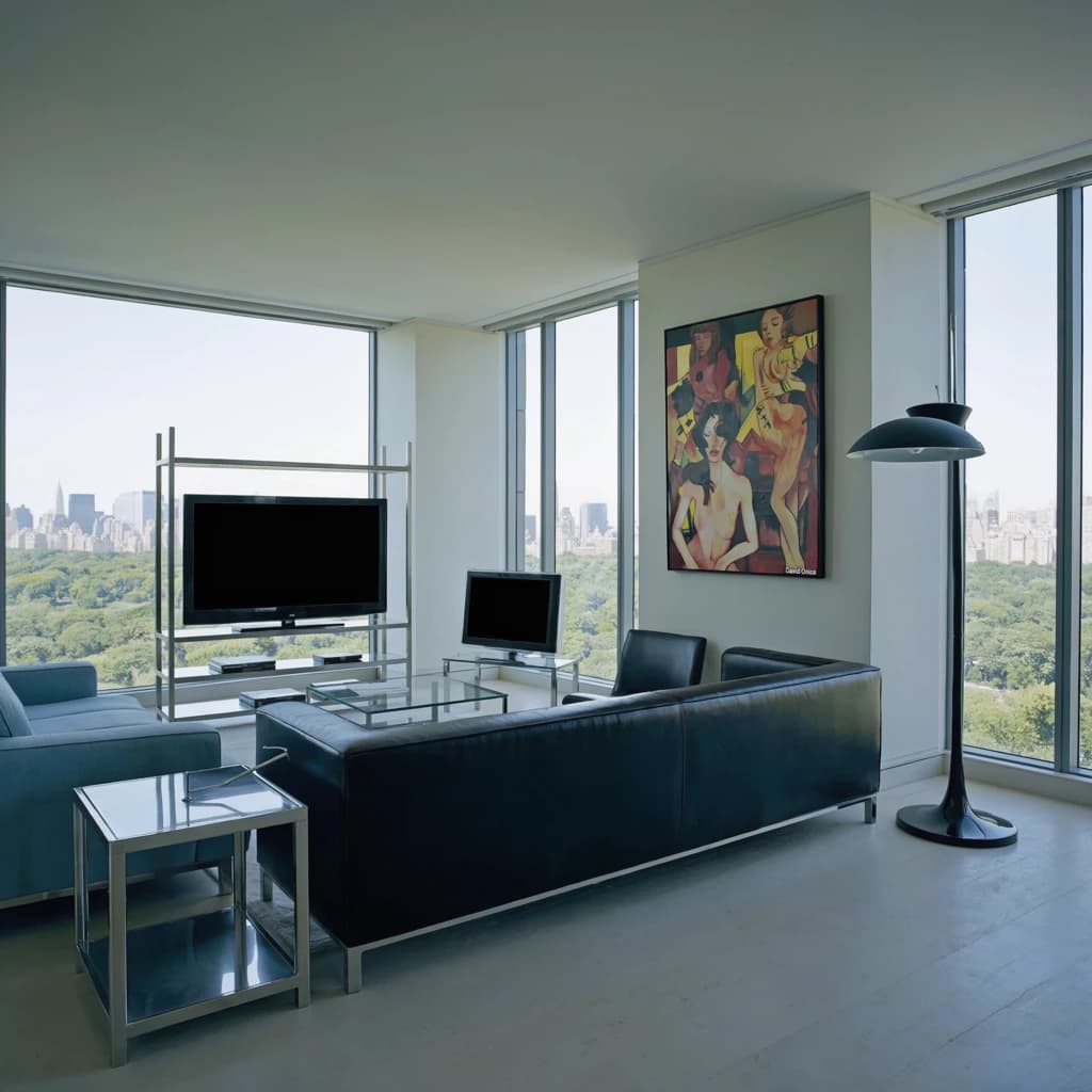 My apartment overlooks Central Park. It’s very luxurious, very expensive, and the furniture is minimal — a black leather couch, a glass coffee table with chrome legs, an Arne Jacobsen floor lamp. A big-screen television set rests on a steel shelving unit. A David Onica painting hangs above the couch. There’s a stainless steel and glass cocktail table. A powder-blue sofa. A thirty-inch digital TV.
