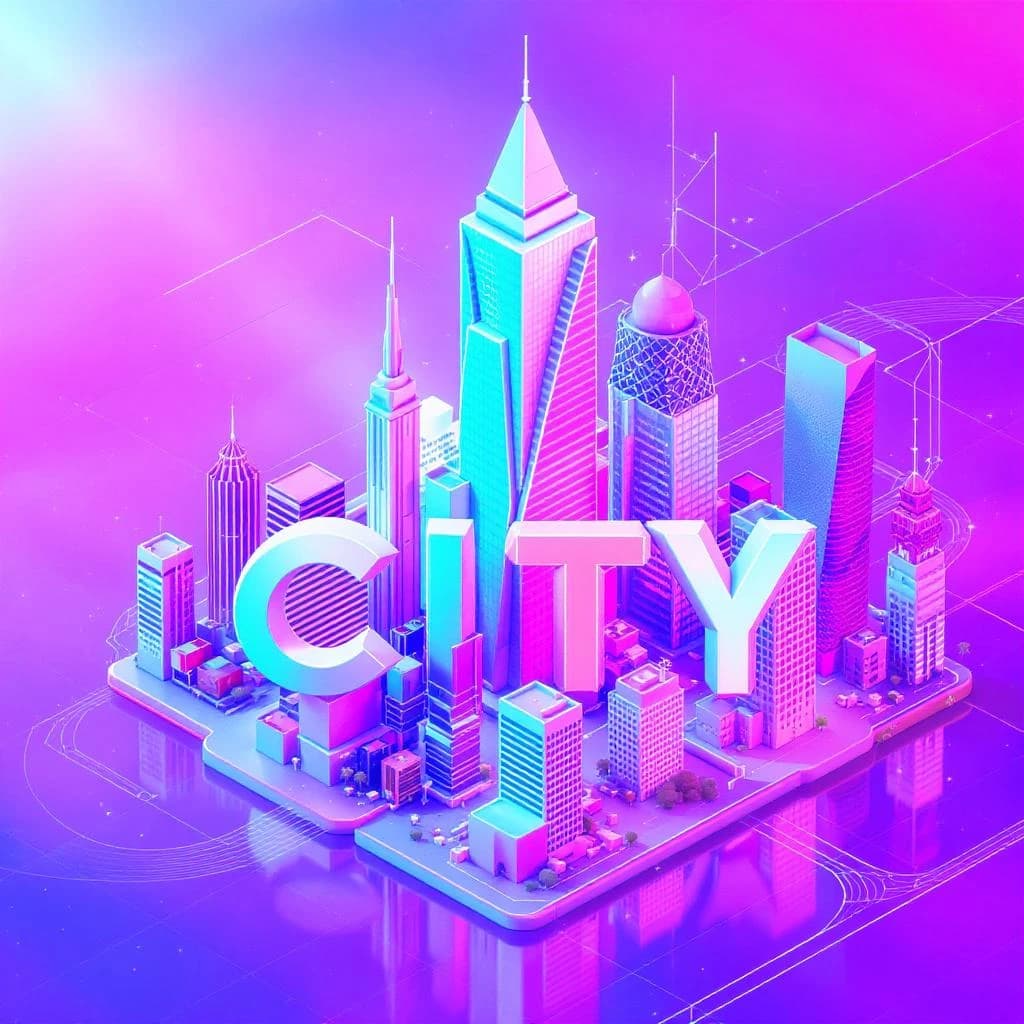 Render an isometric city poster with geometric buildings, neon gradients, gloss highlights, soft AO shadows, clean sans-serif lettering, grid layout, reflections a bit overexposed.