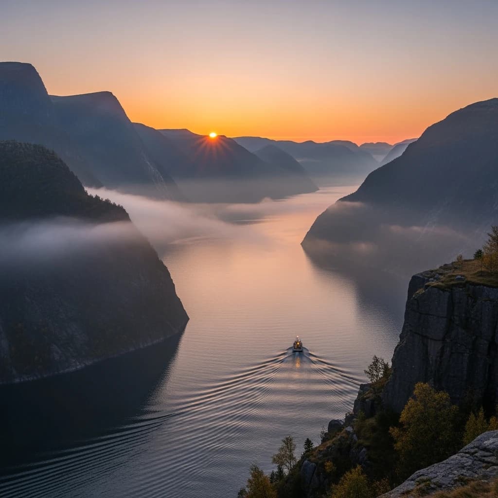 Frame a foggy fjord at sunrise, cliffs looming.