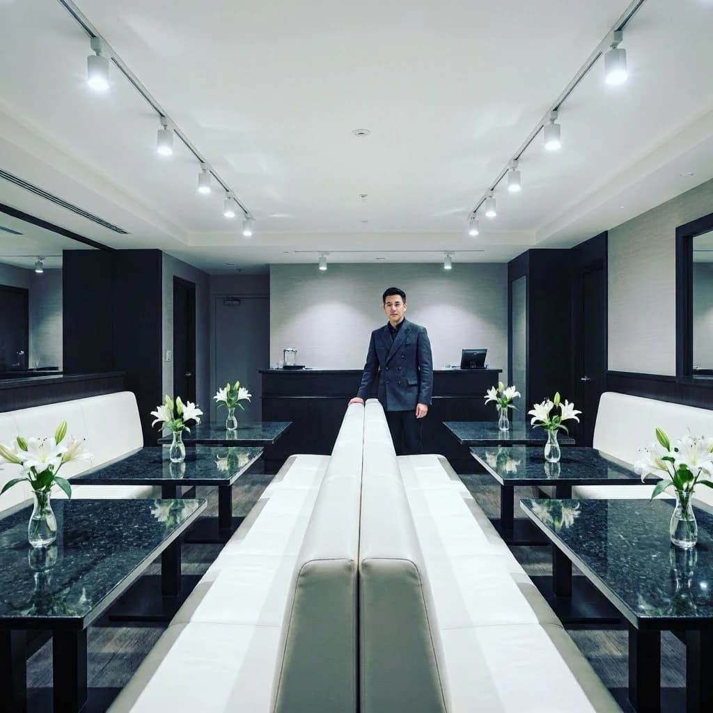 The place is almost empty. The banquettes are covered in white leather, the tables black granite, and the entire room is bathed in halogen track lighting that seems too bright. The maître d’ wears a double-breasted wool crepe jacket. There are lilies on every table.
