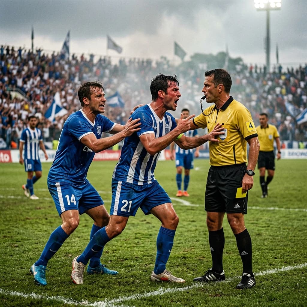 The soccer player clashes with the ref. It is thick and humid and the heat is getting to the players. His friend tries to pull him off before he causes any more trouble.