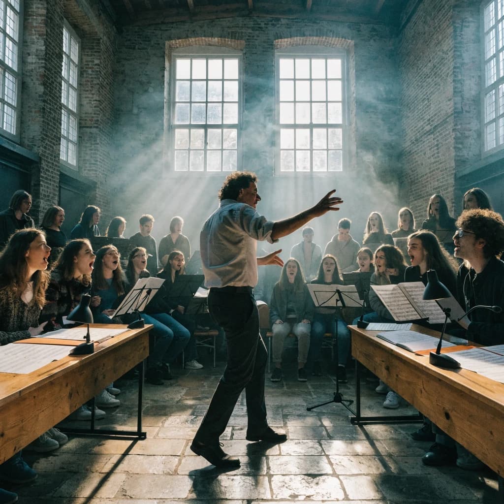 A choir rehearses in a brick hall as somewhat dramatic morning light falls through high windows, with a patient conductor mid-gesture, open scores, intent faces, slight motion blur.